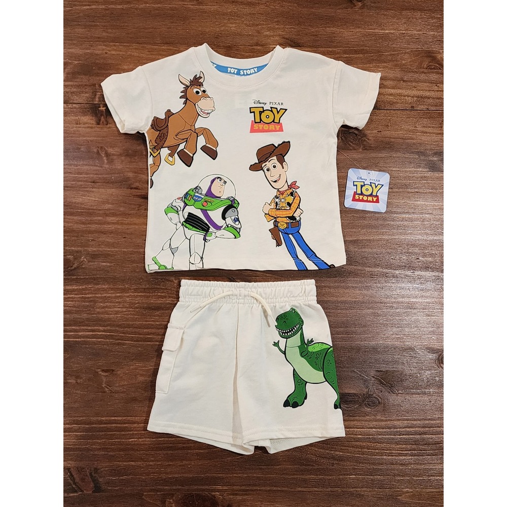 Disney Kids Toy Story 2-Piece Set Woody Buzz Rex Shorts Outfit Cream 12M NWT